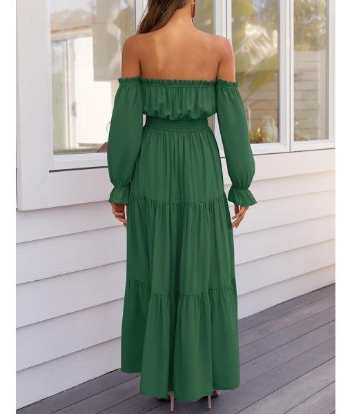 ZESICA Women's 2025 Boho Sexy Off Shoulder Long Sleeve Smocked High Waist Side Split Flowy A Line Tiered Long Maxi Dress