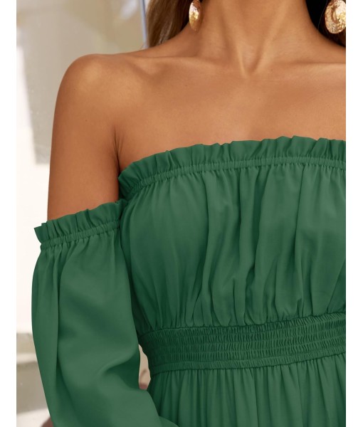 ZESICA Women's 2025 Boho Sexy Off Shoulder Long Sleeve Smocked High Waist Side Split Flowy A Line Tiered Long Maxi Dress