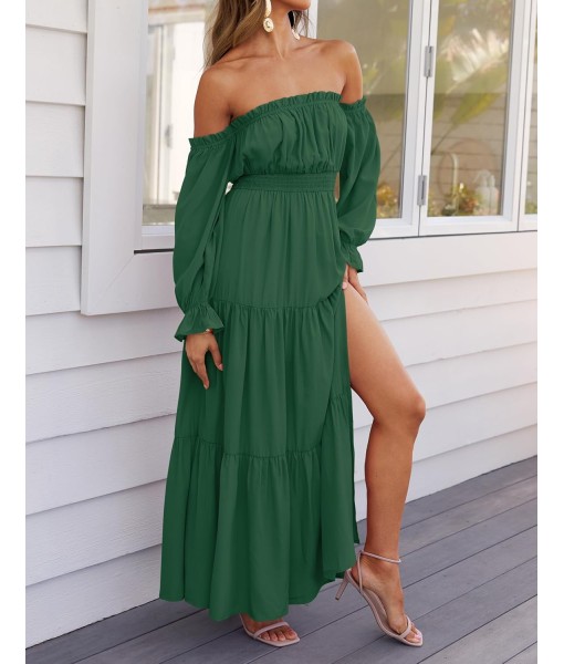 ZESICA Women's 2025 Boho Sexy Off Shoulder Long Sleeve Smocked High Waist Side Split Flowy A Line Tiered Long Maxi Dress