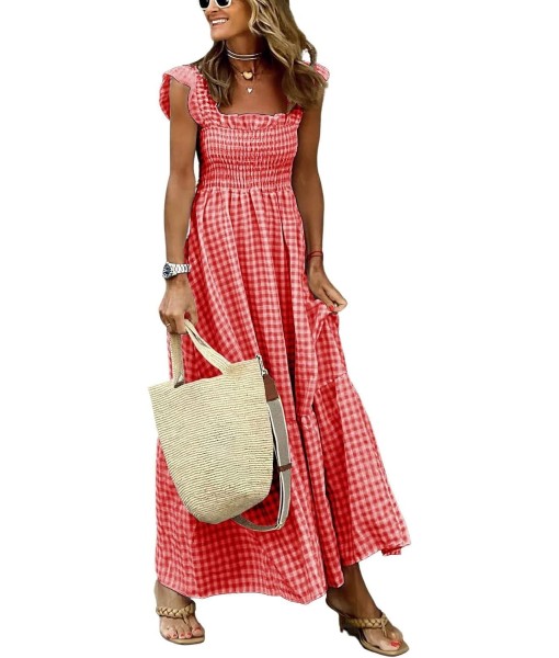 chouyatou Women's Retro Plaid Smocked Dress Spaghetti Strap Flounce Long Dress