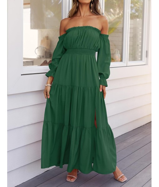 ZESICA Women's 2025 Boho Sexy Off Shoulder Long Sleeve Smocked High Waist Side Split Flowy A Line Tiered Long Maxi Dress