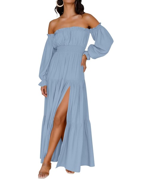 ZESICA Women's 2025 Boho Sexy Off Shoulder Long Sleeve Smocked High Waist Side Split Flowy A Line Tiered Long Maxi Dress
