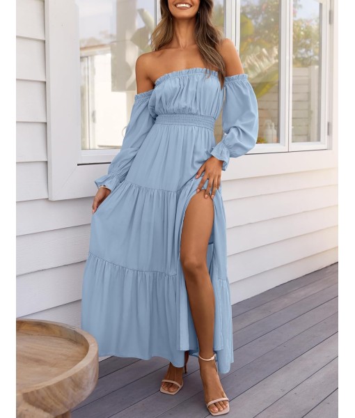 ZESICA Women's 2025 Boho Sexy Off Shoulder Long Sleeve Smocked High Waist Side Split Flowy A Line Tiered Long Maxi Dress