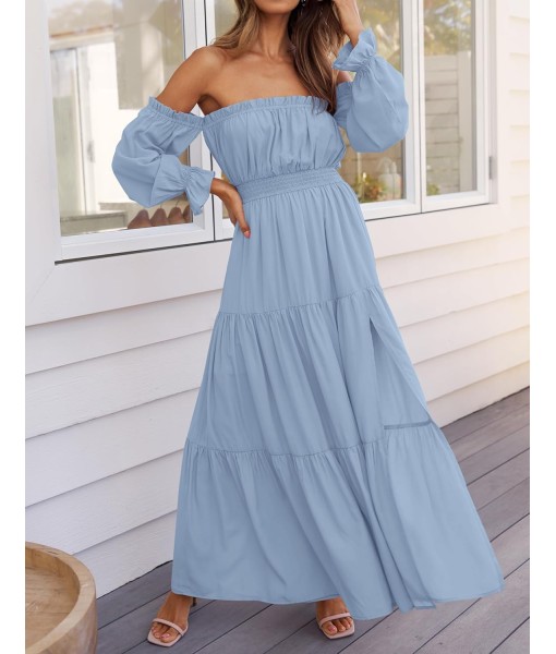 ZESICA Women's 2025 Boho Sexy Off Shoulder Long Sleeve Smocked High Waist Side Split Flowy A Line Tiered Long Maxi Dress