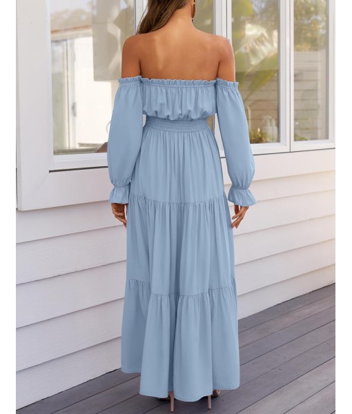 ZESICA Women's 2025 Boho Sexy Off Shoulder Long Sleeve Smocked High Waist Side Split Flowy A Line Tiered Long Maxi Dress