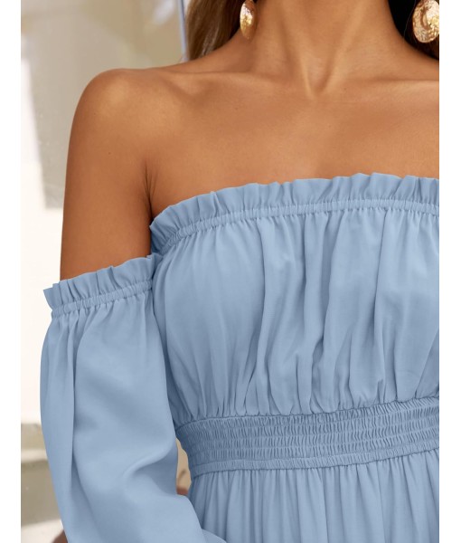 ZESICA Women's 2025 Boho Sexy Off Shoulder Long Sleeve Smocked High Waist Side Split Flowy A Line Tiered Long Maxi Dress