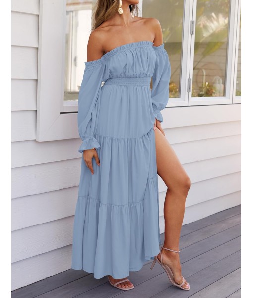 ZESICA Women's 2025 Boho Sexy Off Shoulder Long Sleeve Smocked High Waist Side Split Flowy A Line Tiered Long Maxi Dress
