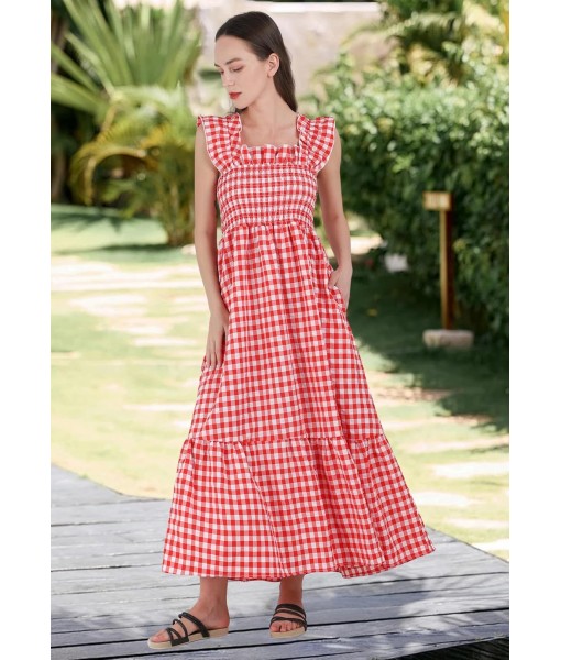 chouyatou Women's Retro Plaid Smocked Dress Spaghetti Strap Flounce Long Dress