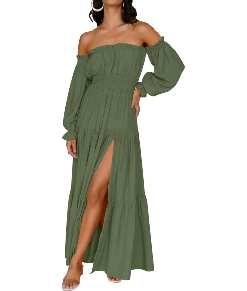 ZESICA Women's 2025 Boho Sexy Off Shoulder Long Sleeve Smocked High Waist Side Split Flowy A Line Tiered Long Maxi Dress