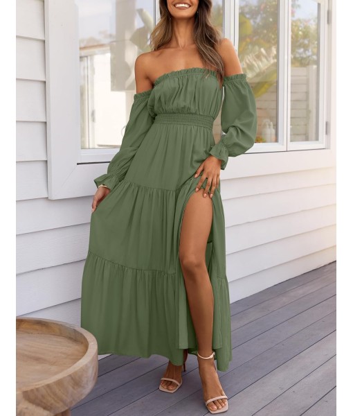 ZESICA Women's 2025 Boho Sexy Off Shoulder Long Sleeve Smocked High Waist Side Split Flowy A Line Tiered Long Maxi Dress