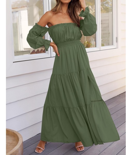 ZESICA Women's 2025 Boho Sexy Off Shoulder Long Sleeve Smocked High Waist Side Split Flowy A Line Tiered Long Maxi Dress