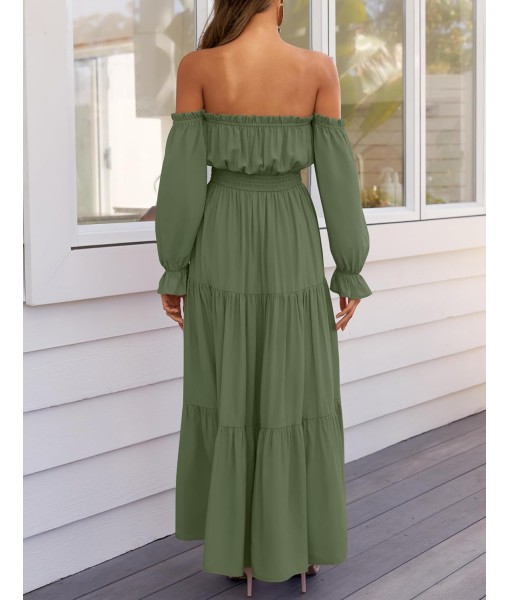 ZESICA Women's 2025 Boho Sexy Off Shoulder Long Sleeve Smocked High Waist Side Split Flowy A Line Tiered Long Maxi Dress