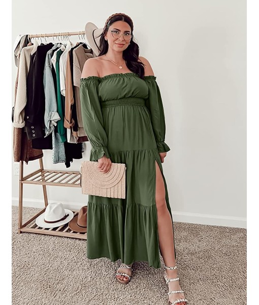 ZESICA Women's 2025 Boho Sexy Off Shoulder Long Sleeve Smocked High Waist Side Split Flowy A Line Tiered Long Maxi Dress