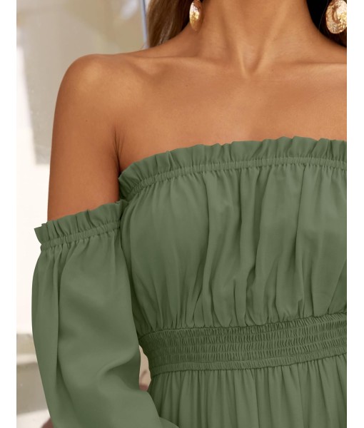ZESICA Women's 2025 Boho Sexy Off Shoulder Long Sleeve Smocked High Waist Side Split Flowy A Line Tiered Long Maxi Dress