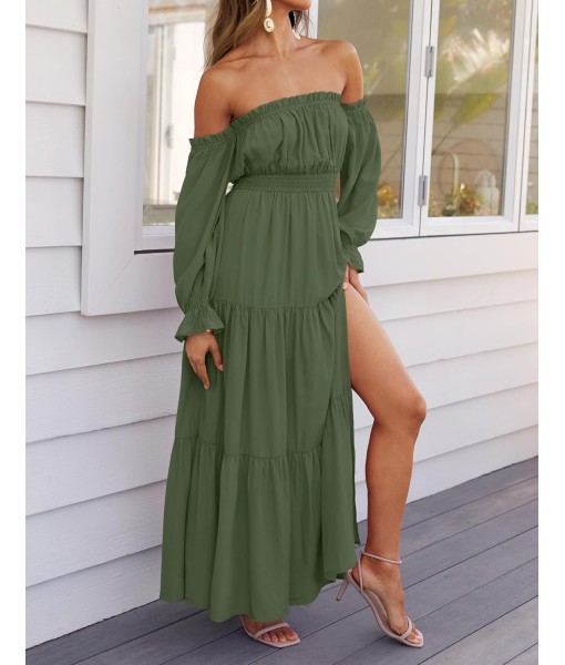 ZESICA Women's 2025 Boho Sexy Off Shoulder Long Sleeve Smocked High Waist Side Split Flowy A Line Tiered Long Maxi Dress