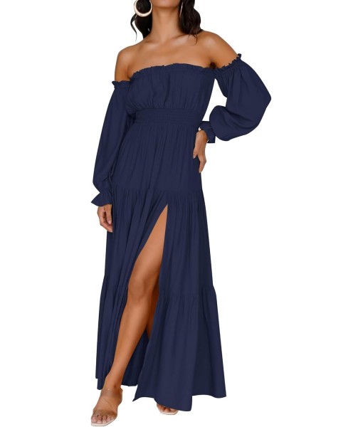 ZESICA Women's 2025 Boho Sexy Off Shoulder Long Sleeve Smocked High Waist Side Split Flowy A Line Tiered Long Maxi Dress