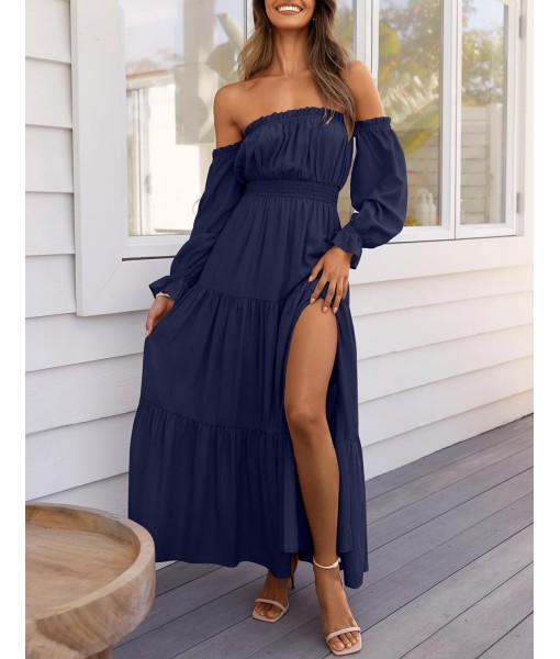 ZESICA Women's 2025 Boho Sexy Off Shoulder Long Sleeve Smocked High Waist Side Split Flowy A Line Tiered Long Maxi Dress