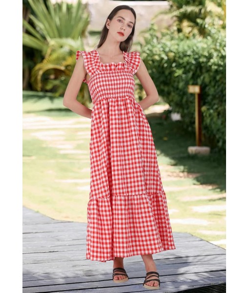 chouyatou Women's Retro Plaid Smocked Dress Spaghetti Strap Flounce Long Dress