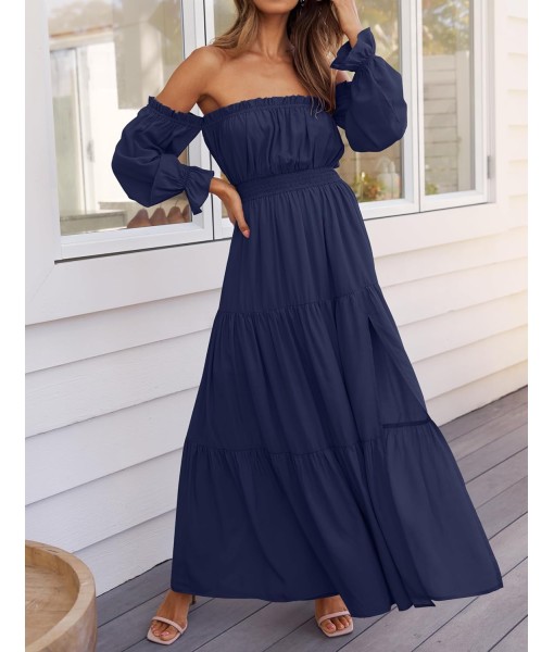 ZESICA Women's 2025 Boho Sexy Off Shoulder Long Sleeve Smocked High Waist Side Split Flowy A Line Tiered Long Maxi Dress