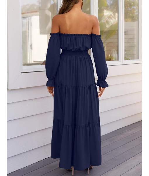 ZESICA Women's 2025 Boho Sexy Off Shoulder Long Sleeve Smocked High Waist Side Split Flowy A Line Tiered Long Maxi Dress