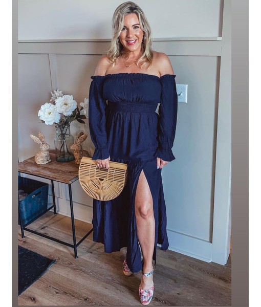 ZESICA Women's 2025 Boho Sexy Off Shoulder Long Sleeve Smocked High Waist Side Split Flowy A Line Tiered Long Maxi Dress