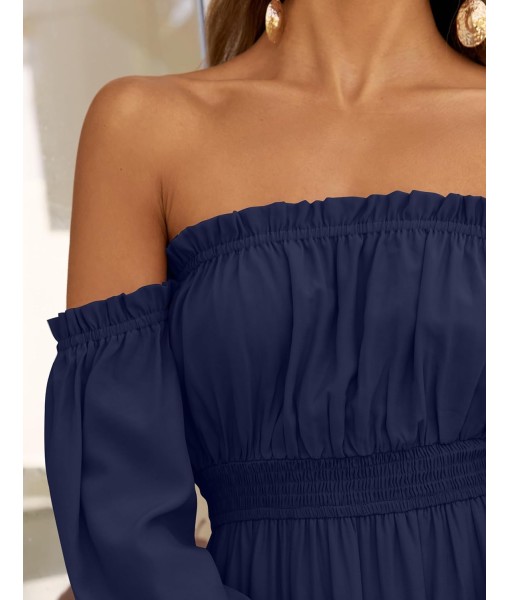 ZESICA Women's 2025 Boho Sexy Off Shoulder Long Sleeve Smocked High Waist Side Split Flowy A Line Tiered Long Maxi Dress