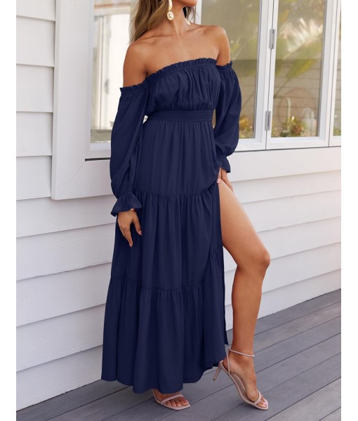 ZESICA Women's 2025 Boho Sexy Off Shoulder Long Sleeve Smocked High Waist Side Split Flowy A Line Tiered Long Maxi Dress