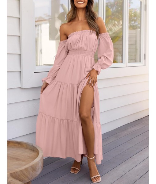 ZESICA Women's 2025 Boho Sexy Off Shoulder Long Sleeve Smocked High Waist Side Split Flowy A Line Tiered Long Maxi Dress
