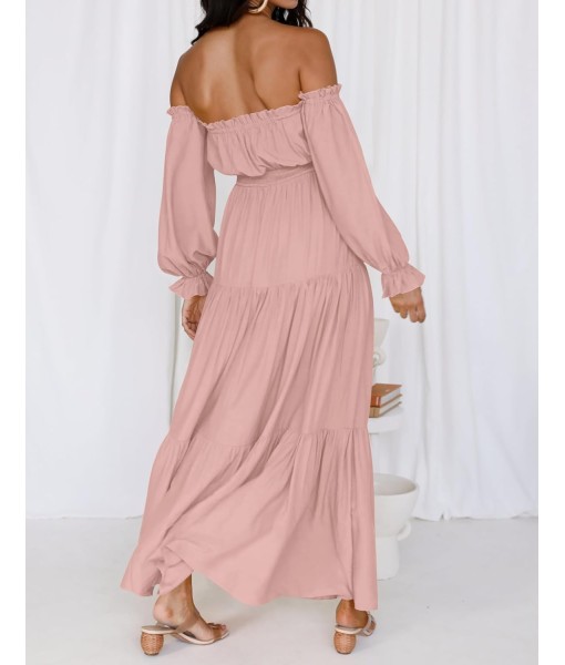 ZESICA Women's 2025 Boho Sexy Off Shoulder Long Sleeve Smocked High Waist Side Split Flowy A Line Tiered Long Maxi Dress