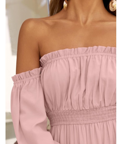 ZESICA Women's 2025 Boho Sexy Off Shoulder Long Sleeve Smocked High Waist Side Split Flowy A Line Tiered Long Maxi Dress