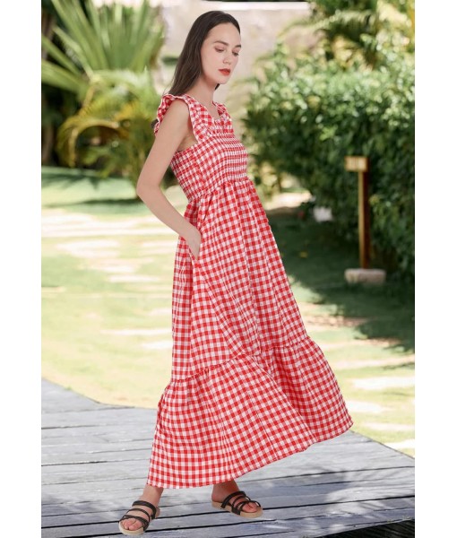 chouyatou Women's Retro Plaid Smocked Dress Spaghetti Strap Flounce Long Dress