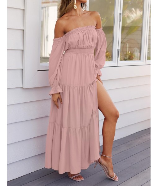 ZESICA Women's 2025 Boho Sexy Off Shoulder Long Sleeve Smocked High Waist Side Split Flowy A Line Tiered Long Maxi Dress