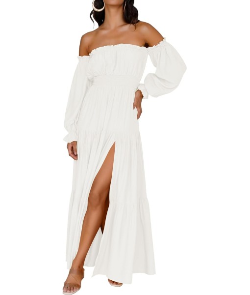 ZESICA Women's 2025 Boho Sexy Off Shoulder Long Sleeve Smocked High Waist Side Split Flowy A Line Tiered Long Maxi Dress