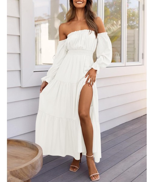 ZESICA Women's 2025 Boho Sexy Off Shoulder Long Sleeve Smocked High Waist Side Split Flowy A Line Tiered Long Maxi Dress