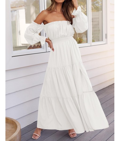 ZESICA Women's 2025 Boho Sexy Off Shoulder Long Sleeve Smocked High Waist Side Split Flowy A Line Tiered Long Maxi Dress