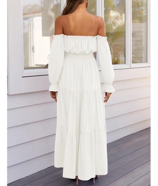 ZESICA Women's 2025 Boho Sexy Off Shoulder Long Sleeve Smocked High Waist Side Split Flowy A Line Tiered Long Maxi Dress