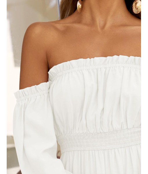 ZESICA Women's 2025 Boho Sexy Off Shoulder Long Sleeve Smocked High Waist Side Split Flowy A Line Tiered Long Maxi Dress