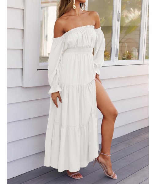 ZESICA Women's 2025 Boho Sexy Off Shoulder Long Sleeve Smocked High Waist Side Split Flowy A Line Tiered Long Maxi Dress