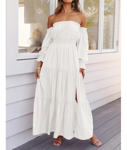 ZESICA Women's 2025 Boho Sexy Off Shoulder Long Sleeve Smocked High Waist Side Split Flowy A Line Tiered Long Maxi Dress
