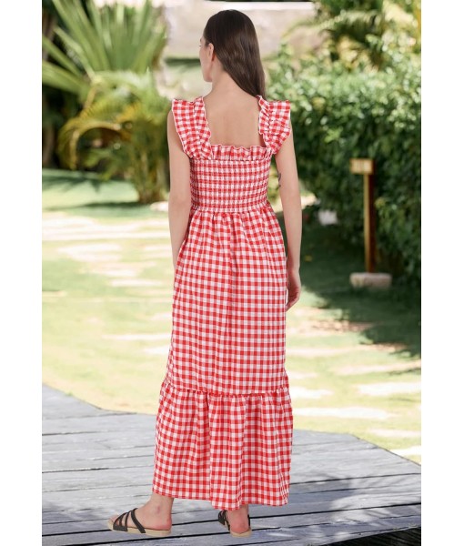 chouyatou Women's Retro Plaid Smocked Dress Spaghetti Strap Flounce Long Dress