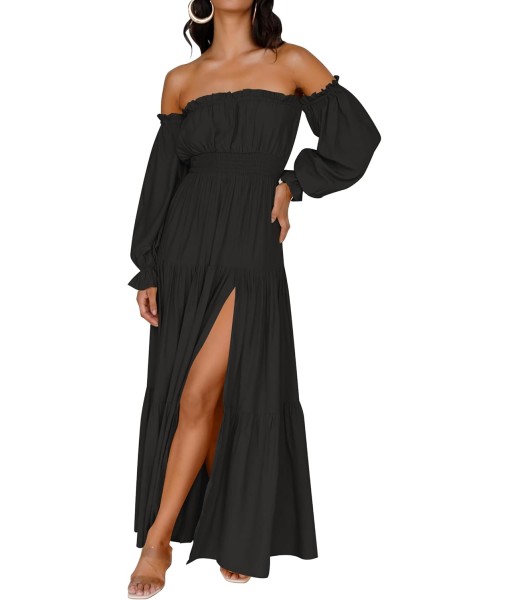 ZESICA Women's 2025 Boho Sexy Off Shoulder Long Sleeve Smocked High Waist Side Split Flowy A Line Tiered Long Maxi Dress
