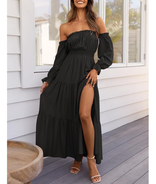 ZESICA Women's 2025 Boho Sexy Off Shoulder Long Sleeve Smocked High Waist Side Split Flowy A Line Tiered Long Maxi Dress