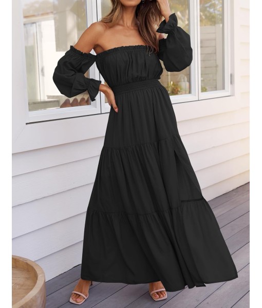 ZESICA Women's 2025 Boho Sexy Off Shoulder Long Sleeve Smocked High Waist Side Split Flowy A Line Tiered Long Maxi Dress