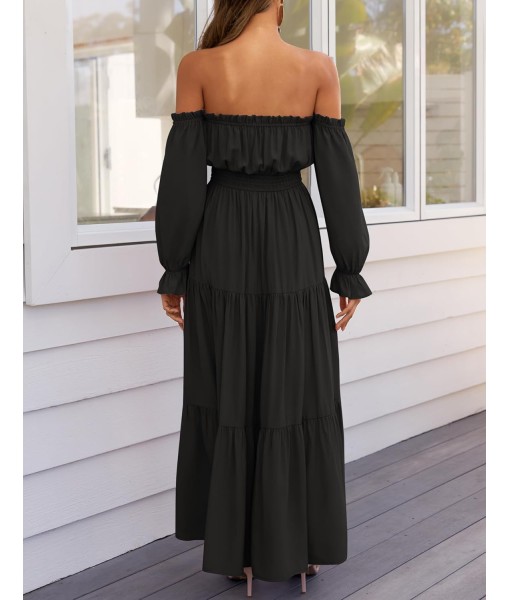 ZESICA Women's 2025 Boho Sexy Off Shoulder Long Sleeve Smocked High Waist Side Split Flowy A Line Tiered Long Maxi Dress