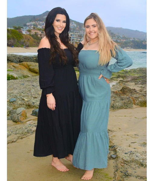ZESICA Women's 2025 Boho Sexy Off Shoulder Long Sleeve Smocked High Waist Side Split Flowy A Line Tiered Long Maxi Dress
