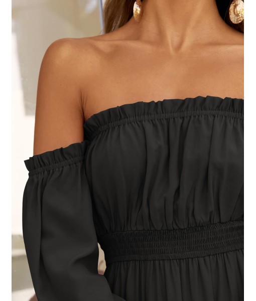 ZESICA Women's 2025 Boho Sexy Off Shoulder Long Sleeve Smocked High Waist Side Split Flowy A Line Tiered Long Maxi Dress