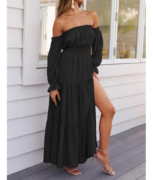 ZESICA Women's 2025 Boho Sexy Off Shoulder Long Sleeve Smocked High Waist Side Split Flowy A Line Tiered Long Maxi Dress