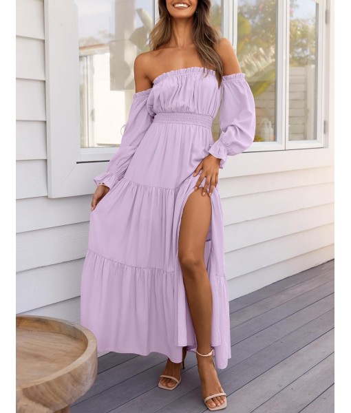 ZESICA Women's 2025 Boho Sexy Off Shoulder Long Sleeve Smocked High Waist Side Split Flowy A Line Tiered Long Maxi Dress