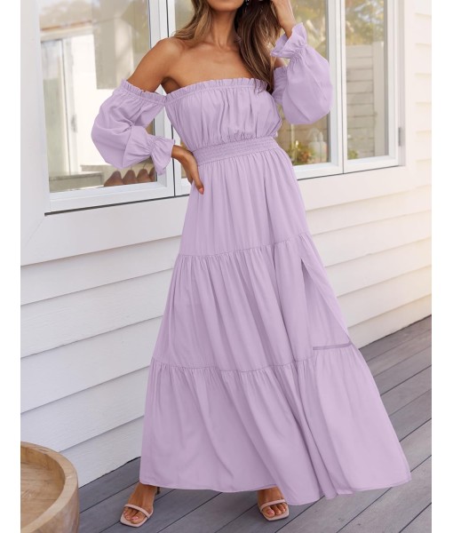 ZESICA Women's 2025 Boho Sexy Off Shoulder Long Sleeve Smocked High Waist Side Split Flowy A Line Tiered Long Maxi Dress