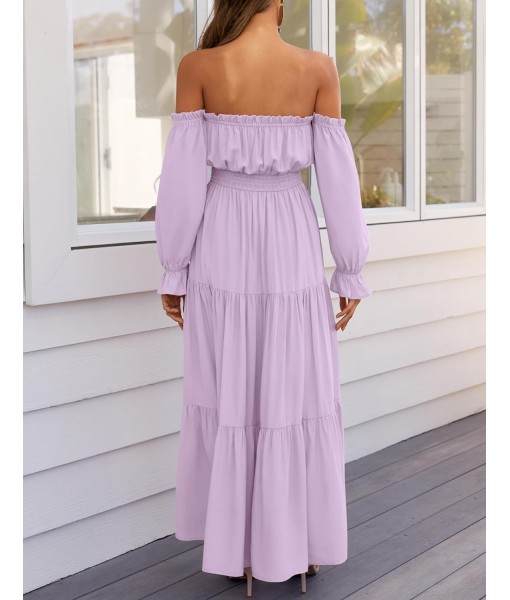 ZESICA Women's 2025 Boho Sexy Off Shoulder Long Sleeve Smocked High Waist Side Split Flowy A Line Tiered Long Maxi Dress